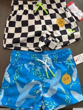 Cat & Jack Black and White Checkered Boys Swim Trunks with Neon Green Drawstring